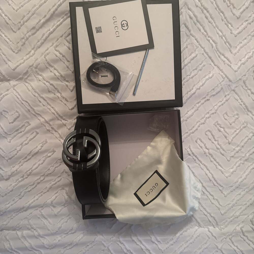 Authentic Gucci Belt Guccissima Monogram Black Leather Interlocking G size 85/34